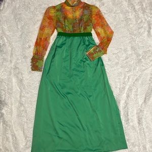 1960’s Vintage Retro floral sheer & green maxi dress